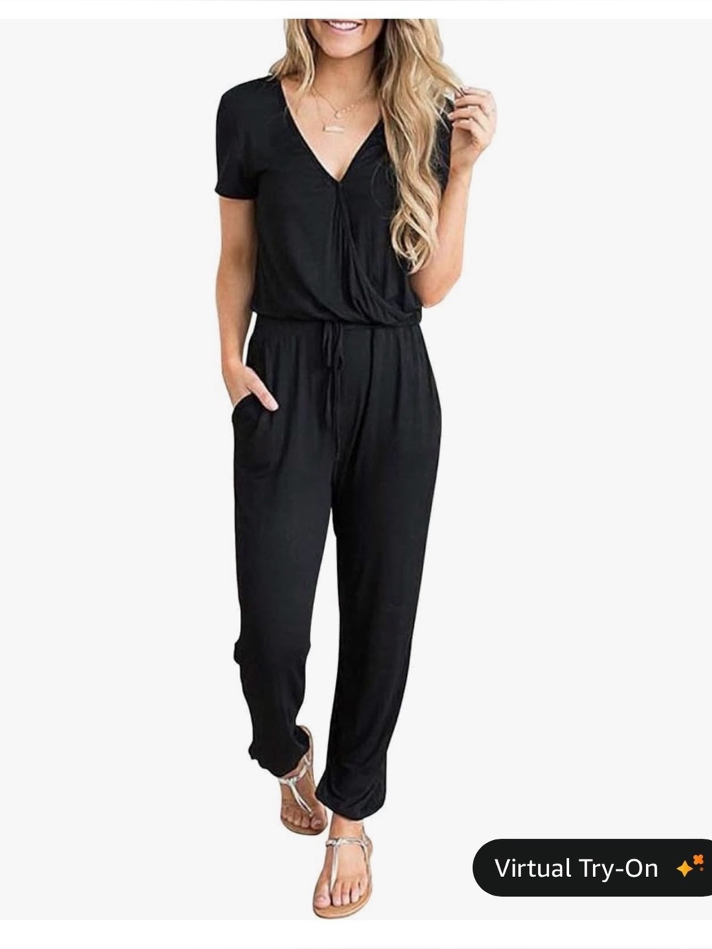 Casual Black Short Sleeve Wrap Jumpsuit with Drawstring Waist